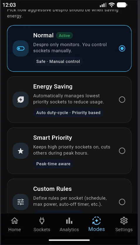 Despro modes list — normal, energy saving, smart priority, custom rules