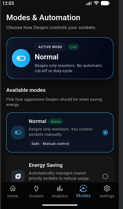 Despro modes screen — active automation mode