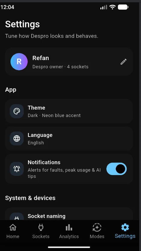 Despro settings screen
