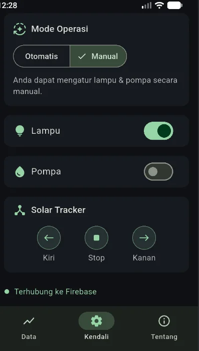 FOTRIX control screen — manual actuator control and solar tracker