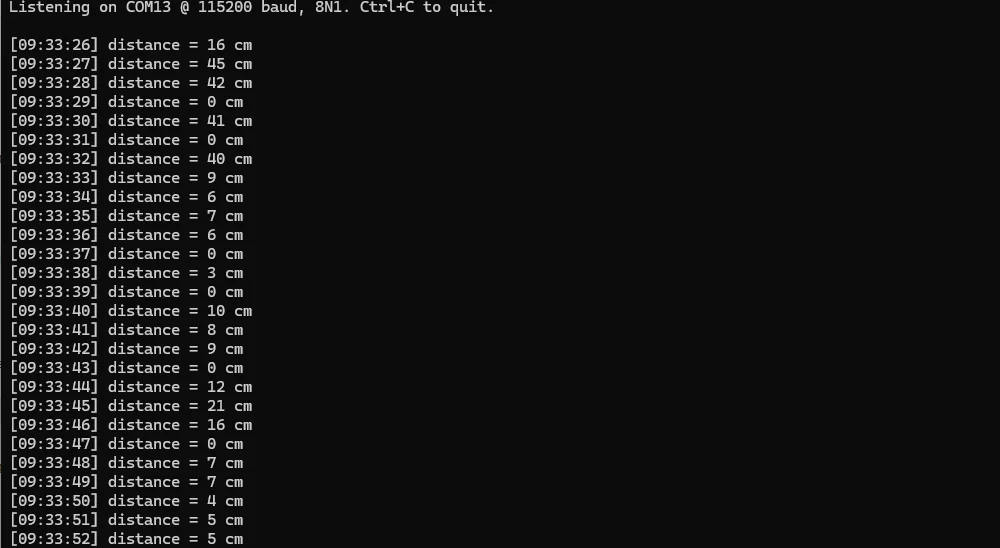 Serial monitor printing live distance readings