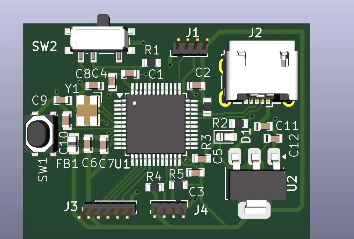STM32F103 dev board — KiCad 3D render