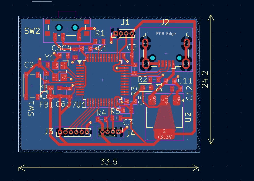 STM32F103 dev board — 2-layer PCB layout, 33.5 × 24.2 mm